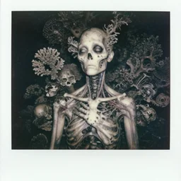 an 1 9 1 0 polaroid photography of a very sad and detailed rotten woman corpse with fractal coral reefs and ornate growing around her face muscles, veins, arteries, bones, anatomical, skull, eye, ears, full body, intricate, surreal, ray caesar, john constable, guy denning, dan hillier, black and white
