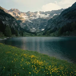photo of epic alpine lake landscape in spring, first light, small patches of yellow flowers, cinematic, cinematic, art by michael shainblum,