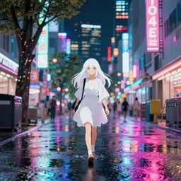 white haired girl walking in a vibrant flooded tokyo at night, neon lights lots of trees,, volumetric lighting, ambient lighting, cinematic, subtle, vibrant colors by studio ghibli