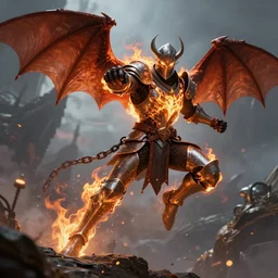 burning chainmail-wearing bat-winged knight with glowing eyes leaping off a rock preparing to throw a punch, ultimate detail, cinematic, 8k, digital fantasy art by Steve Argyle and Jason Chan, cgsociety, trending on artstation, video game cover art, smooth, sharp focus