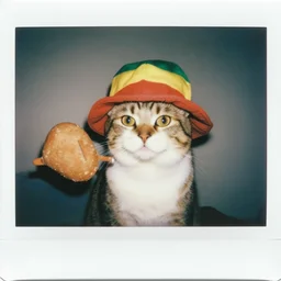 a cat wearing a rasta hat absolutely blazing a huge bifter, hotboxing, candid instant polaroid photograph