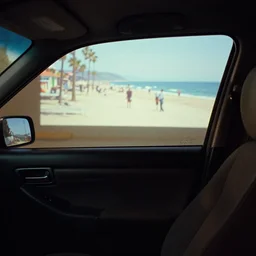 fuji 5 0 r ; 3 5 mm ronin film still of car interior with front seat side window view with ; in the background wide shot projection of beautiful hyperrealistic film still from ronin ( 1 9 9 0 ) beach promenade scene directed by wes anderson, highly detailed, cinematic lighting, 8 k