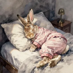 watercolor illustration of a rabbit in pajamas falling asleep, tucked in bed