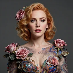 portrait of christina hendricks with roses, baroque, roses, intricate abstract upper body intricate artwork, by tooth wu, wlop, beeple, dan mumford. concept art, octane render, deviantart, greg rutkowski, cinematic arthouse, key art, hyper realism, iridescent accents