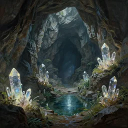 beautiful stunning painting of a deep mysterious rocky varied cave landscape filled with large magic glowing clear crystals and filled with some ((plants)) and a small reflective pond, fantasy, digital art, realism, unreal engine, sharp, detailed, trending on artstation