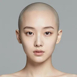 photograph portrait bald korean japanese goddess of beauty neutral expression face straight on headshot even lighting no hair