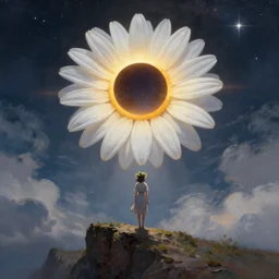 huge white daisy flower as a crown, girl standing on cliff, surreal photography, solar eclipse, stars, dramatic light, impressionist painting, clouds, digital painting, artstation, james gilleard, liam wong, jeremy mann, simon stalenhag