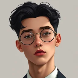 portrait of a cute androgynous young man with black hair and round gucci glasses, gg 0 2 9 7 ok, heart shaped head, detailed face, clean shaven, elegant digital art by george tooker, trending on artstation