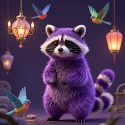 purple space racoon, colorful birds flying. Magical lanterns and chandeliers. Fantastical, detailed digital art trending in artstation