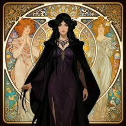 front facing symmetrical centered portrait, Maya Ali as a mage, black hair, Art Nouveau, Arcane art style, fantasy concept art by Tomer Hanuka, cgsociety, vanitas, ilya kuvshinov, Mucha, 2d game art