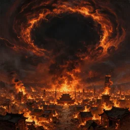 an ancient city on fire, a massive black void in the center of the sky surrounded by swirling firestorm clouds, wide perspective, low perspective, burning village, highly detailed digital art, cinematic, dark moody colors, hyper realism, oil on canvas, trending on Artstation, octane render