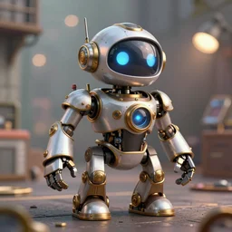 steampunk style sweeping robot, photorealistic, 3 d rendering, cute, unreal engine, bokeh