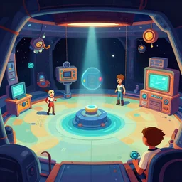 inside a space station, from a space themed Serria point and click 2D graphic adventure game, high quality carton style graphics