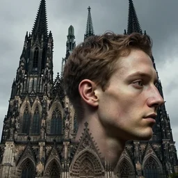 photo of a human head morphing in together with a gothic cathedral, anatomically correct, moody, highly detailed, rule of thirds, sharp focus, art by raphael, john william godward, h. r. giger, android jones