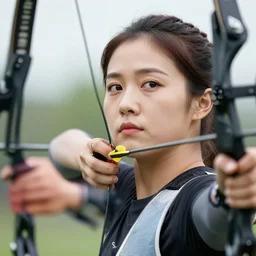 photo realistic, consistent and highly detailed face, a attractive sports woman in archery, pointing his bow, uhd 8 k, highly detailed, sigma 8 5 mm f / 1. 4