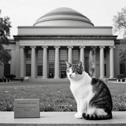a cat giving a lecture MIT, black & white photo 8K