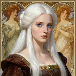 a portrait of a medieval fantasy old queen, beautiful, white long straight hair and blue eyes, very detailed, amazing quality, stunning, by rebecca guay and alphonse mucha and ilya kuvshinov, artstation, pixiv, digital art,