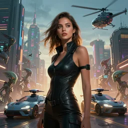 a cyberpunk illustration of futuristic city with many aliens and beautiful woman, modern cars, helicopter, dragons, digital art
