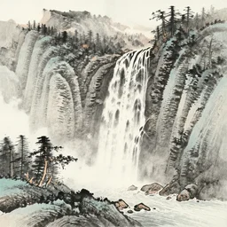 traditional chinese ink drawing of a waterfall, mountains, forest, by hokusai, ultra detailed