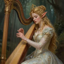 portrait of queen of the elves playing a harp,  ethereal, expressive pose, intricate dress, fantasy, intricate,  forest background, highly detailed, digital painting, artstation, concept art, smooth, sharp focus, illustration, art by artgerm and greg rutkowski and alphonse mucha