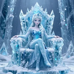 an ice princess sitting on her ice throne in her ice castle wearing a bikini, ice, frost, white beautiful hair, cold colours, digital art, illustration, by steve henderson