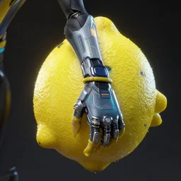 evil lemon creature with cyberpunk futuristic arm