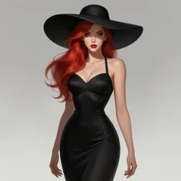 a highly detailed illustration of tall beautiful red haired lady wearing black noir dress and black sun hat, elegant pose, perfect face, perfect body, perfect eyes, intricate, elegant, highly detailed, centered, digital painting, artstation, concept art, smooth, sharp focus, league of legends concept art, wlop.