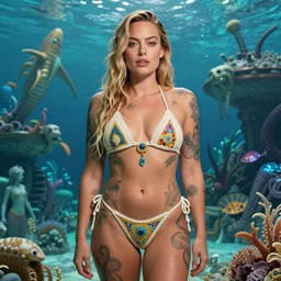 margot robbie face posing in a magical crochet bikini in front of atlantis, tattooed body, full body shot, wet boody, highly detailed realistic face, highly detailed eyes, fantasy art, in the style of greg rutkowski, illustration, epic, fantasy, intricate, hyper detailed, artstation, concept art, smooth, sharp focus, ray tracing, vibrant