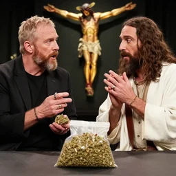 insane famous photography of joe rogan talking to lord jesus christ over a bag of weed.