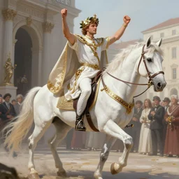 a man wearing the laurels of glory, entering a city in a white horsetriumph acclaim pride intricate, elegant, highly detailed, digital painting, artstation, concept art, sharp focus, illustration, by justin gerard and artgerm, 8 k
