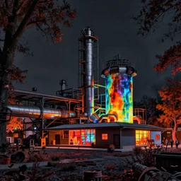 industrial architecture by federico babina, nature darkacademia nightvision landscape infrared uv light reclaimed by nature thermal imaging lightpaint neon noir, archdaily, wallpaper, highly detailed, trending on artstation.