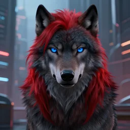 portrait of a male anthropomorphic dark gray wolf, long red hair, blue eyes, in a futuristic city, hyper detailed, digital art, trending in artstation, cinematic lighting, studio quality, smooth render, unreal engine 5 rendered, octane rendered, art style by pixar dreamworks warner bros disney riot games and overwatch.
