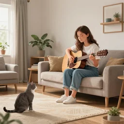 living room a girl paly guitar beside cat ， extremely detailed, sharp focus, wide view, full body shot, smooth, digital illustration, by danton fadeev, steve simpson