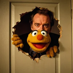 Jack Nicholson as a muppet peers menacingly thru a gaping hole in a door recreating a scene from The Shining.