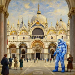 renaissance italy venice city landscape with gold beautiful temples and royal blue mage wearing a space suit wondering around the luxurious street, by leonardo da vinci, dino valls, rembrant, claude monet, intricate, time travel theme
