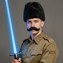 portrait photo of russian man in khaki military tunic wearing high black wool hat with black moustache and shaved chin, holding a blue lightsaber, no beard, handsome, highly detailed, digital painting, artstation, concept art, smooth, sharp focus, illustration, art by gaston bussiere and alphonse mucha