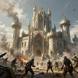 a futuristic castle in the middle of a siege in the style of syd mead in the style of jean giraud trending on artstation deviantart pinterest detailed realistic hd 8 k high resolution