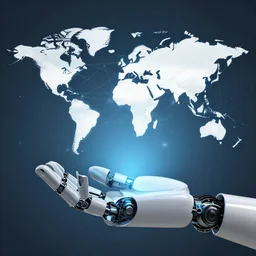 robotic hand in the palm of the hand is the world interconnected by the internet