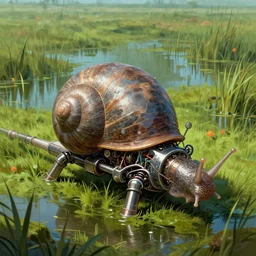 mechanical snail robot machine in the wet marshlands, pipes, detailed illustration, concept art, dynamic colour palette, highly detailed, high contrast, strong lighting