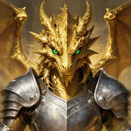 dungeons and dragons character concept portrait, symmetrical head-on centralized, golden scaled dragon-man with green lizard eyes, silver plate armor. Detailed, High quality, dynamic lighting, fantasy, Artwork by Artgerm, WLOP, Alex Ross, Greg Rutknowski, Alphonse Mucha