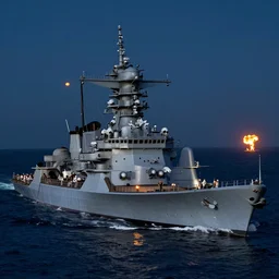 a naval battle with battleships and submarines in the night with fire far away, high detail, high definition, photorealistic, 8k,