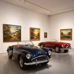 art gallery full of paintings, classic car exhibit, classic car art exhibit