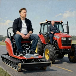 Elon musk sitting on a Zamboni next to Jeff bezos sitting on a tractor, in style of giger, film grain, medium format, 8k resolution, oil on canvas