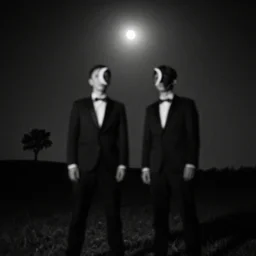 low - angle, fuzzy, black and white liminal, photograph of two men in suits wearing crescent moon masks on a small hill, single tree visible, moon - lit, dark, night, night time.