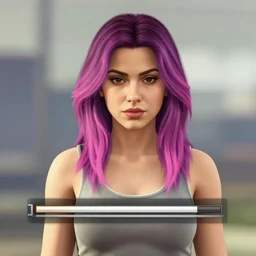 a stunning GTA V loading screen with a beautiful woman with ombre purple pink hairstyle, hair blowing in the wind, sunset mood, outrun, vaporware, retro, digital art, trending on artstation