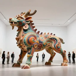 etablishing wide view shot of stunning extraordinnary complex organic colorful intriguing polished painted massive clay * poetic * sculpture of a mythic creature animal by * beth cavener * in empty white space exposiion. elegant animal living form. with collaboration of ellen jewett, zhelong xu, beth cavener, sayaka ganz, edouard martinet, john o'reilly