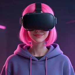 Portrait of a woman by Greg Rutkowski, symmetrical face, a girl withj neon pink bob hair wearing a VR Headset, Kubric Stare, crooked smile, she's wearing an oversized hoodie, highly detailed portrait, scifi, digital painting, artstation, book cover, cyberpunk, concept art, smooth, sharp foccus ilustration, Artstation HQ