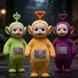 ultra realistic teletubbies in the backrooms, low key, disturbing, 8 k, bokeh