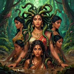 mix of beautiful sri lankan female as medusa, perfect faces, magical forest, muddy swamp, very coherent and colorful high contrast art, artstation, deviantart, digital art
