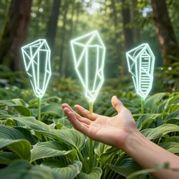 3 d render of a human hand reaching towards abundant flowering hosta flowers!!!, 3 d geometric neon shapes, in serene forest setting, rule of thirds, clean linework, dramatic, award winning, 4 k, trending on artstation, photorealistic, volumetric lighting, octane render
